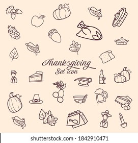 happy thanksgiving day line style symbol set background design, Autumn season theme Vector illustration