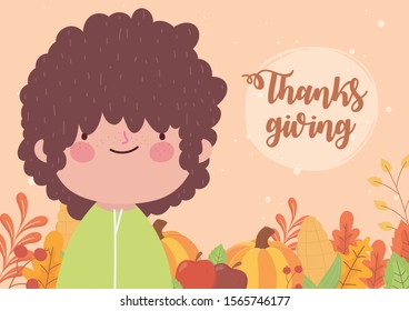 happy thanksgiving day little boy with pumpkins and fall foliage vector illustration happy thanksgiving day little boy with pumpkins and fall foliage vector illustration