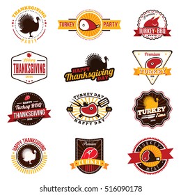 Happy Thanksgiving Day logo, signs. Colorful set of turkey bird badges and design elements for stores, meat departments and advertising. Turkey stickers, labels and badges  in retro style. Isolated.