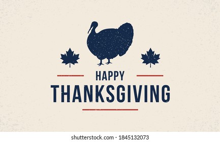 Happy Thanksgiving day logo with turkey bird silhouette and maple leaves. USA Autumn holiday logo, poster template. Vector illustration