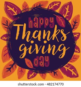 Happy Thanksgiving Day logotype with autumn leaves. Happy Thanksgiving banner, flyer. Vector illustration.