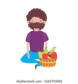 happy thanksgiving day man sitting with basket filled fruits vector illustration