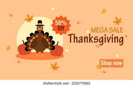 Happy Thanksgiving Day Mega Sale Poster. Suitable to use on Thanksgiving event. Also suitable for uploading social media at Thanksgiving event