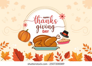 Happy thanksgiving day modern layout background or banner design decorate with pumpkin, pie, hat and turkey in warm color tone maple leaves