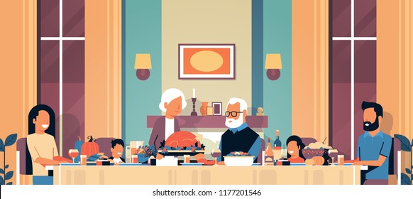 happy thanksgiving day multi generation family sitting table celebrating thanks day holiday traditional dinner concept autumn feast horizontal flat vector illustration