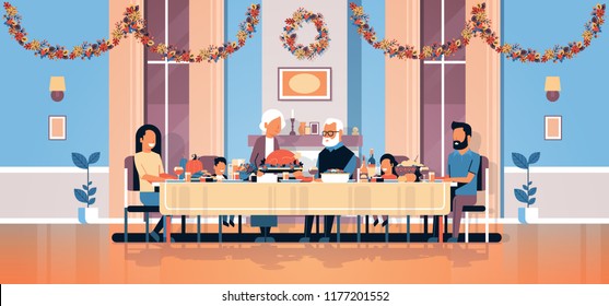 happy thanksgiving day multi generation family sitting table celebrating thanks day holiday traditional dinner concept autumn feast horizontal flat vector illustration