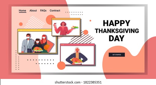 happy thanksgiving day multi generation family in web browser windows discussing during video call self isolation coronavirus quarantine concept horizontal portrait copy space vector illustration