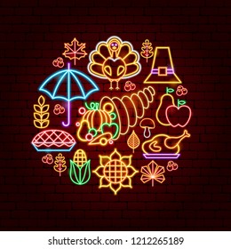 Happy Thanksgiving Day Neon Concept. Vector Illustration of Fall Holiday Promotion.