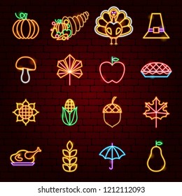 Happy Thanksgiving Day Neon Icons. Vector Illustration of Fall Holiday Symbols.