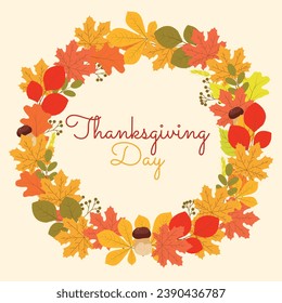 Happy Thanksgiving day. November 23. Frame of autumn leaves, mushrooms. Holidays in America. Vector illustration in cartoon style.