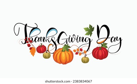 Happy thanksgiving day, orange pumpkins Vignette, frame with autumn leaves and berries. Orange leaves
