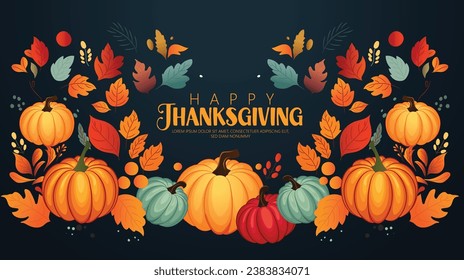 Happy thanksgiving day, orange pumpkins Vignette, frame with autumn leaves and berries. Orange leaves