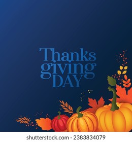 Happy thanksgiving day, orange pumpkins Vignette, frame with autumn leaves and berries. Orange leaves