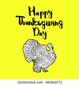 Happy Thanksgiving Day, outline cartoon turkey with bright yellow background.