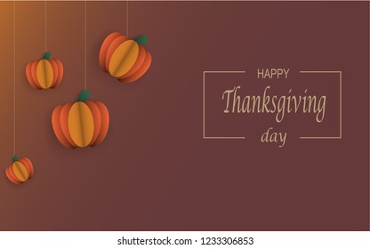 Happy Thanksgiving day paper cut vector illustration. Pumpkins hanging on the ropes. Purple, orange colors. Autumn, fall scene. 