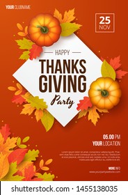 Happy thanksgiving day party poster template with autumn leaves and pumpkins. Vector illustration