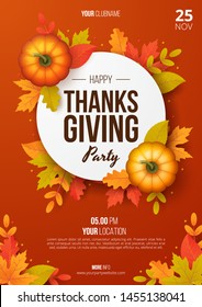 Happy thanksgiving day party poster template with autumn leaves and pumpkins. Vector illustration