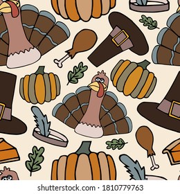 Happy Thanksgiving Day pattern. Holiday symbols. Hand drawn background with pumpkin, turkey, pie and puritan's hat. Vector illustration for design, fabric or wrapping paper.