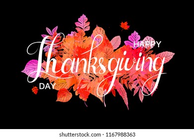 Happy Thanksgiving Day poster. Abstract orange watercolor background with Modern brush calligraphy lettering quote. Vector illustration