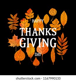 Happy Thanksgiving Day poster. Abstract orange watercolor background with Modern brush calligraphy lettering quote. Vector illustration
