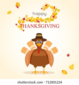 Happy thanksgiving day poster with cute turkeys in hats and autumn foliage vector illustration poster. Greeting card with funny cartoon bird