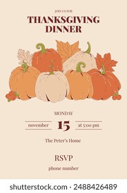 Happy Thanksgiving day poster. Festive backgrop with autumn leaves, pumpkins and cranberry. Thanksgiving dinner invitation. Vector Illustration