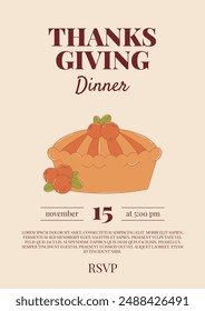 Happy Thanksgiving day poster. Festive backgrop with pie and cranberry. Thanksgiving dinner invitation. Vector Illustration