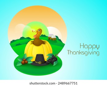 Happy Thanksgiving Day Poster und Grußkarte Design mit Türkei Vogel in Kürbis, Früchte und Pilgerhut auf Sonnenschein Natur Hintergrund.