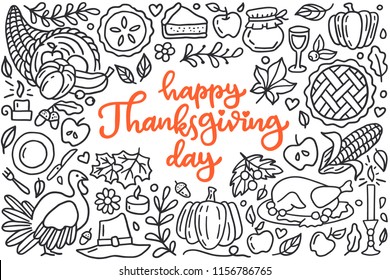 Happy thanksgiving day poster with greetings lettering and doodle illustration of celebration dinner, turkey, autumn harvest, pumpkin, apple pie, cornucopia. Hand drawn black line art, cartoon style.