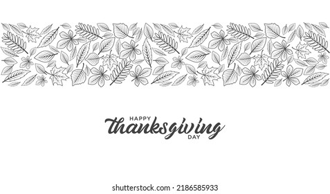 Happy thanksgiving day poster with greetings lettering and doodle illustration of celebration dinner, turkey, autumn harvest, pumpkin, cartoon style.