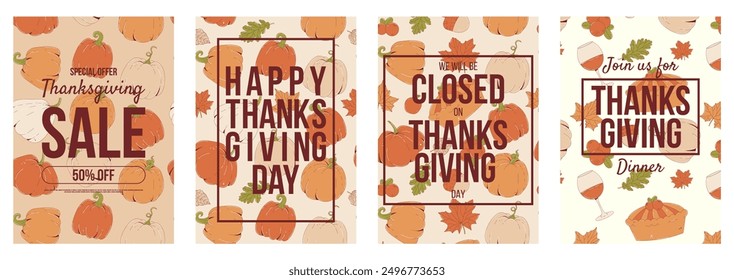 Happy Thanksgiving day poster set. Thanksgiving dinner. Special offer and sale. We will be Closed for Thanksgiving day. Flat vector illustration