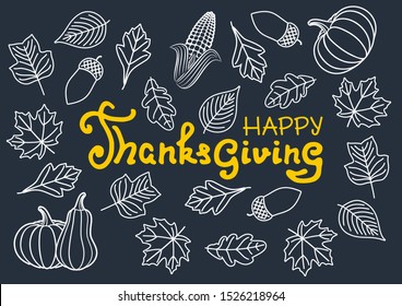 Happy Thanksgiving day poster template with pumpkin, corn and autumn leaves. Vector illustration