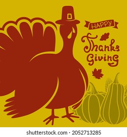 Happy Thanksgiving day poster template with turkey and autumn leaves. Vector illustration