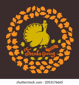 Happy Thanksgiving day poster template with turkey and autumn leaves. Vector illustration