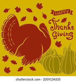 Happy Thanksgiving day poster template with turkey and autumn leaves. Vector illustration	