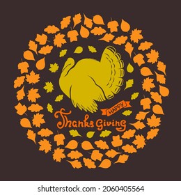 Happy Thanksgiving day poster template with turkey and autumn leaves. Vector illustration	