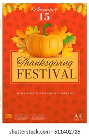 Happy thanksgiving day poster template in A4 size. Fall holiday vector background. Pumpkin with autumn leaves decoration layout. Giving thanks flyer or banner