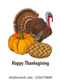 Happy Thanksgiving day, poster with text and turkey animal vector. Pumpkin and baked pie with decorated top, symbols of autumn holiday in America