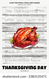Happy Thanksgiving day poster. Traditional autumn Thanks Giving celebration placard template with baked turkey. Seasonal fall family holiday print. Retro drawing art vector eps cover