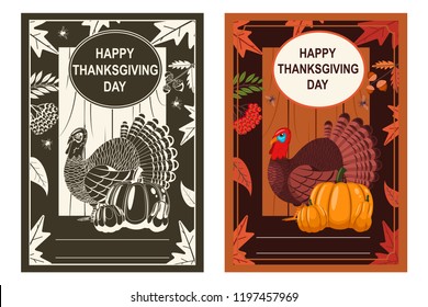 Happy Thanksgiving day poster with turkey bird, pumpkin and autumn leaves. Vector cartoon illustration set.