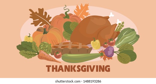 Happy Thanksgiving Day poster with turkey, vegetables harvest, autumn leaves. Editable vector illustration.