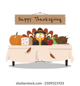Happy Thanksgiving Day Poster with a turkey was behind a table full of food