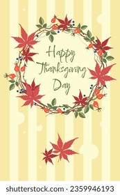 Happy Thanksgiving Day poster with a wreath of leaves and a rose on it. Vector