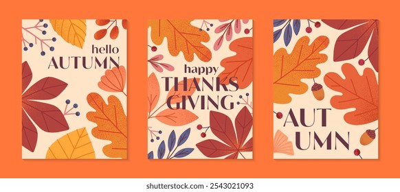 Happy thanksgiving day posters with pumpkins,mushroom,leaves,berries,plants in fall colors.Vector holiday illustrations.Autumn thanksgiving templates for prints,ad,smm,branding,packaging,covers