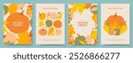 Happy Thanksgiving Day posters. Trendy Thanksgiving Day posters with pumpkins and fall foliage - horizontal background perfect for social media, greeting cards, promotion and advertising.