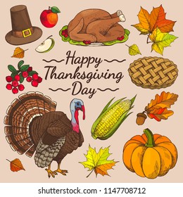 Happy Thanksgiving day promo poster with symbolic images of turkey and apple and corn, leaves and pie, hat and berries on vector illustration