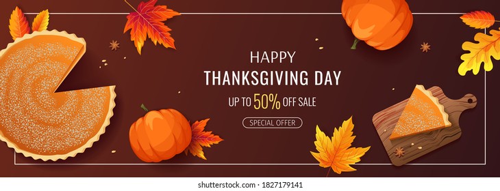 Happy Thanksgiving Day promo sale banner or background with pumpkin pie and autumn leaves. Vector illustration for poster, banner, special offer.