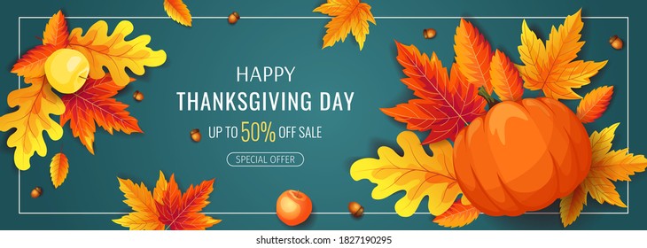 Happy Thanksgiving Day promo sale banner or background with pumpkin, autumn leaves, apples. Vector illustration for poster, banner, special offer.