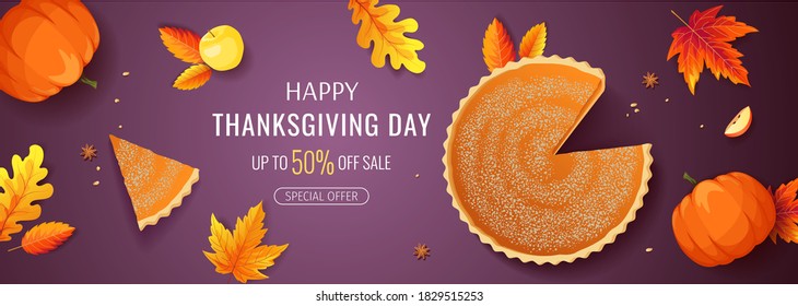 Happy Thanksgiving Day promo sale banner or background with pumpkin pie, apples and autumn leaves. Vector illustration for poster, banner, special offer.