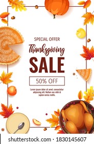 Happy Thanksgiving Day promo sale flyer with baked turkey, pumpkin pie, autumn leaves, apples, acorns on the white background. A4 vector illustration for poster, banner, special offer.